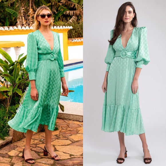 PATBO Dress Satin Dot Belted Midi Dress Green - Picture 1 of 9